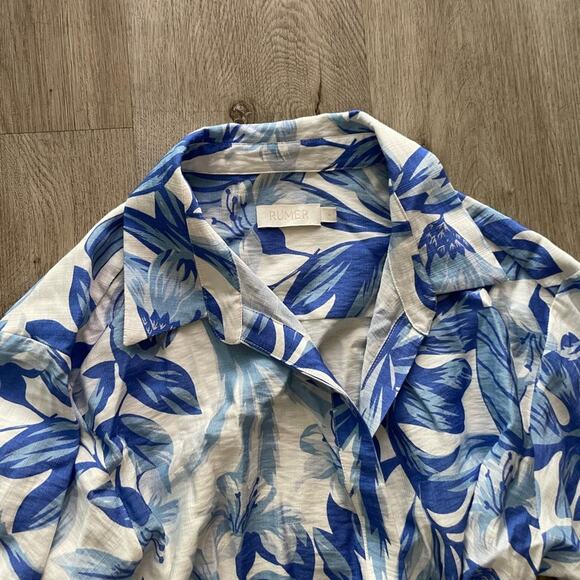 Rumer Amalfi blue & white bell sleeve collared wrap front mini linen blend dress - Picture 3 of 3